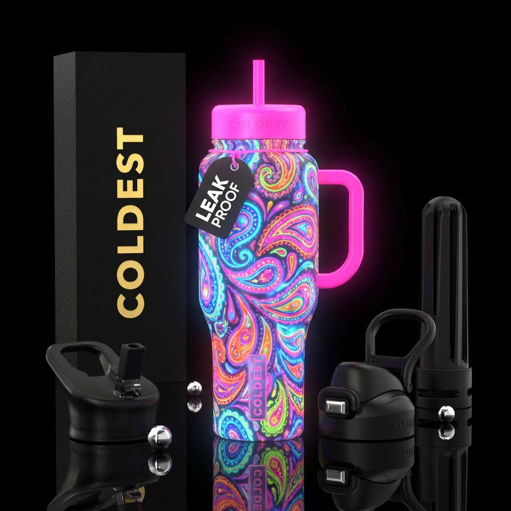 paisley, glowie, vibrant, explosive water bottle design