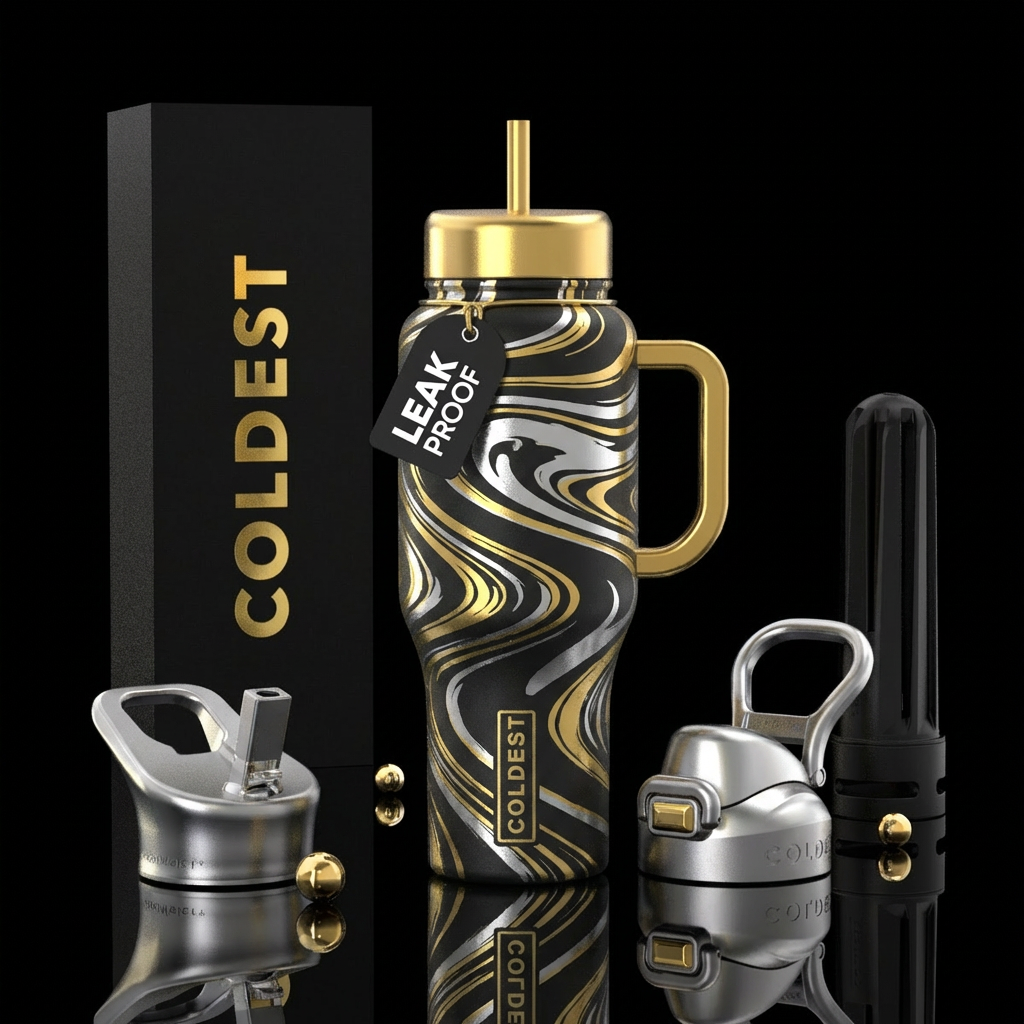 Silver and gold swirls water bottle design