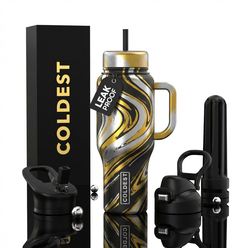 Silver and gold swirls water bottle design