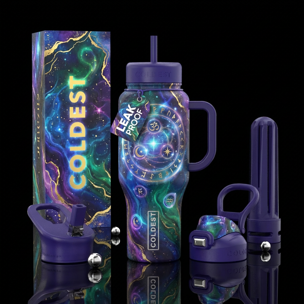 peaceful, mystical water bottle design