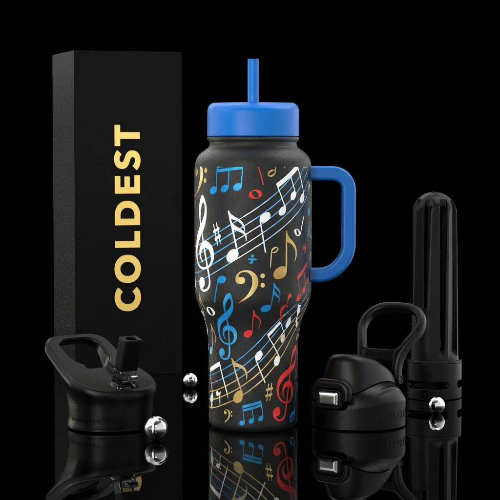 music notes water bottle design