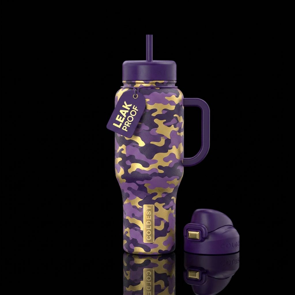 Purple and gold camouflage water bottle design