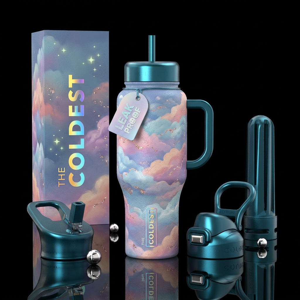 glowie, sparkly, rugged, clouds, happy mood water bottle design