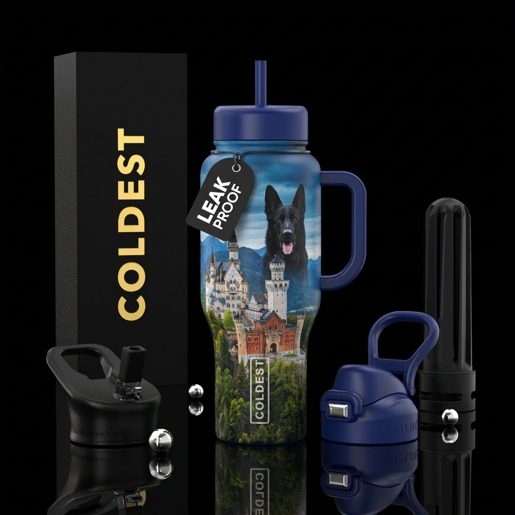 German Castle with black GSD in background dark bl... water bottle design