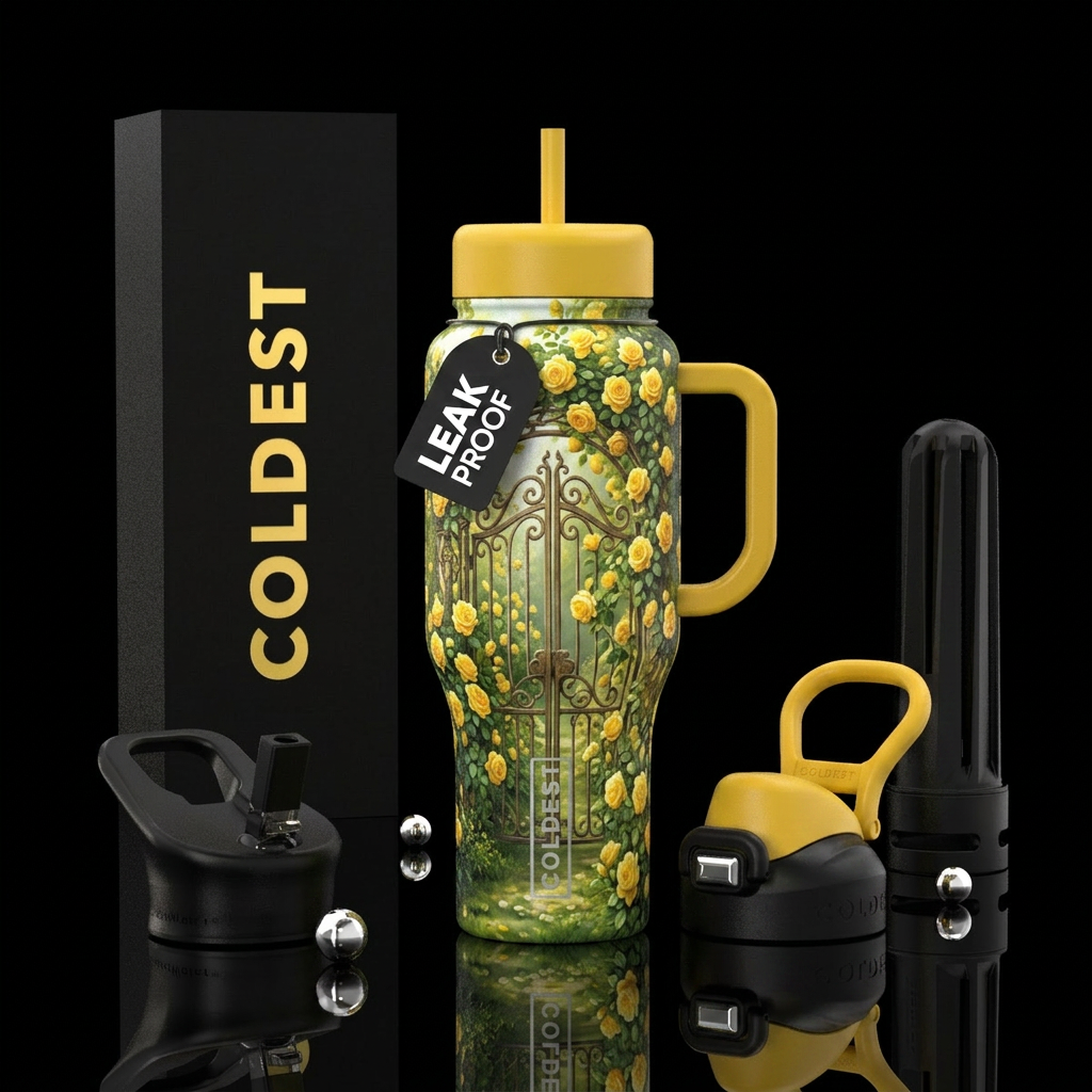 yellow roses garden gate water bottle design