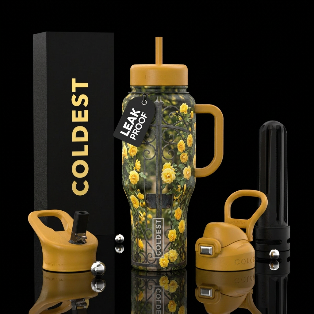 yellow roses garden gate water bottle design