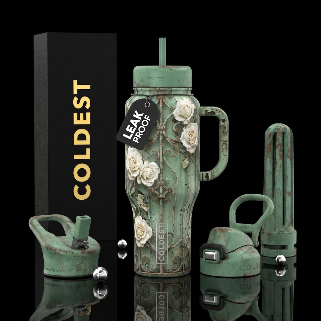 white rose iron antique gate faded green water bottle design