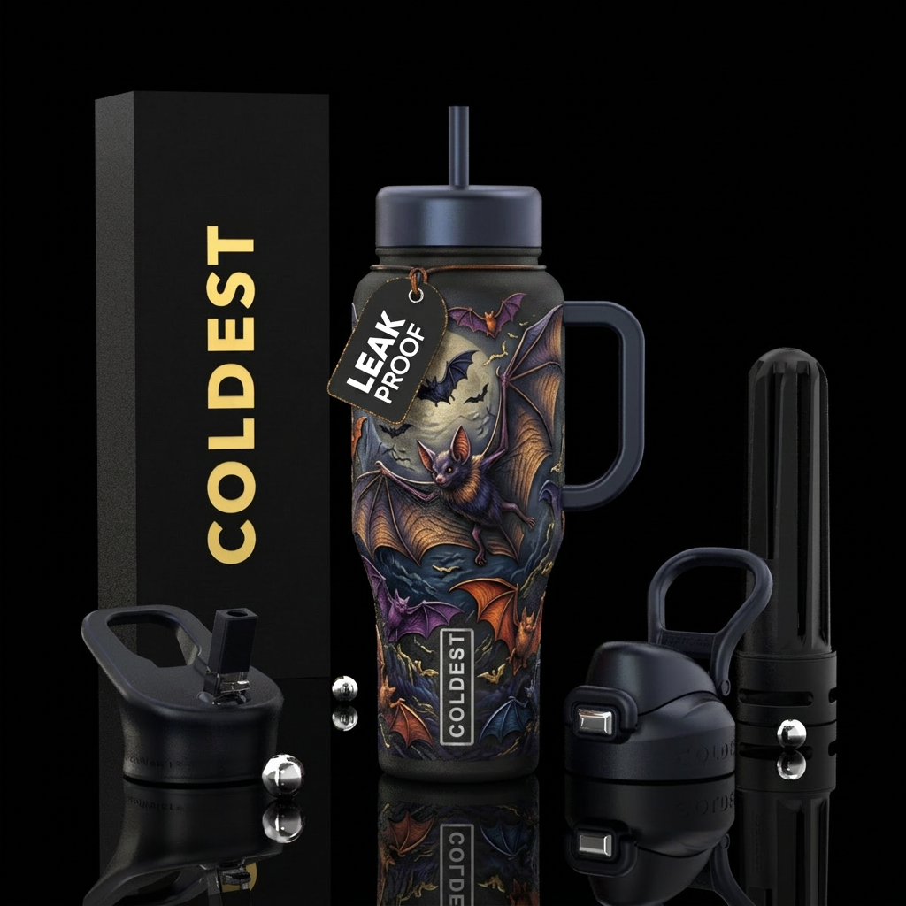 Bat family flying Halloween realistic water bottle design