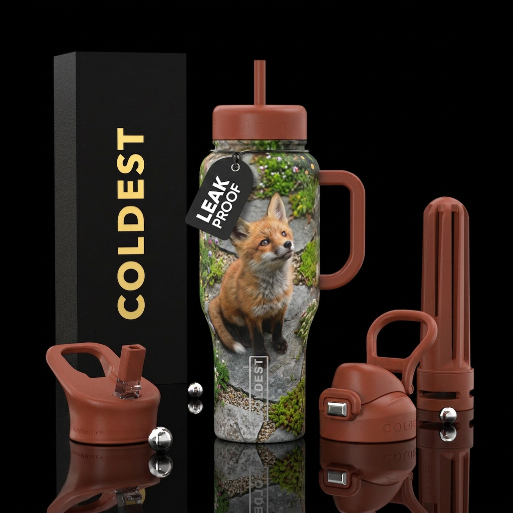 realistic baby red fox in stone path garden water bottle design