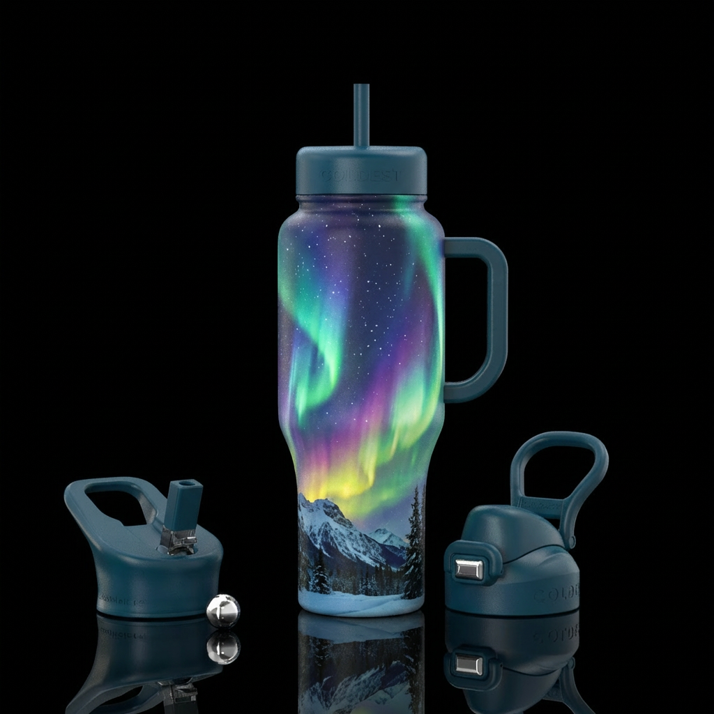 Aurora Borealis winter night water bottle design