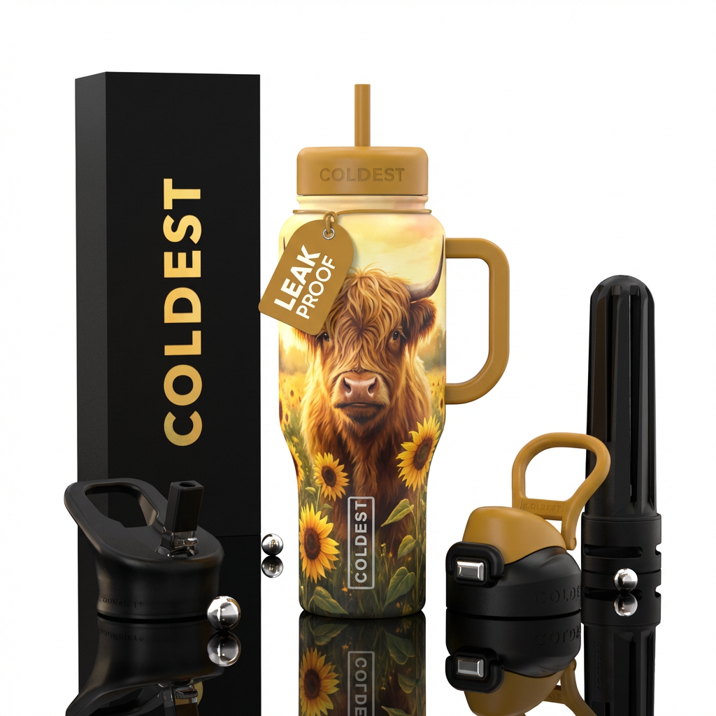 Highland cow, sunflowers, meadow water bottle design