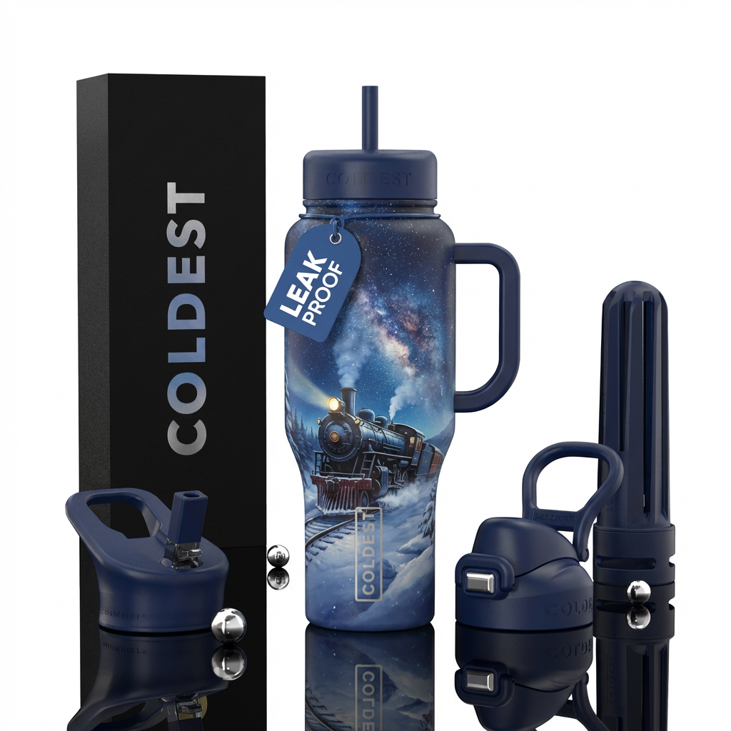 Train, winter, night milky way, stars water bottle design
