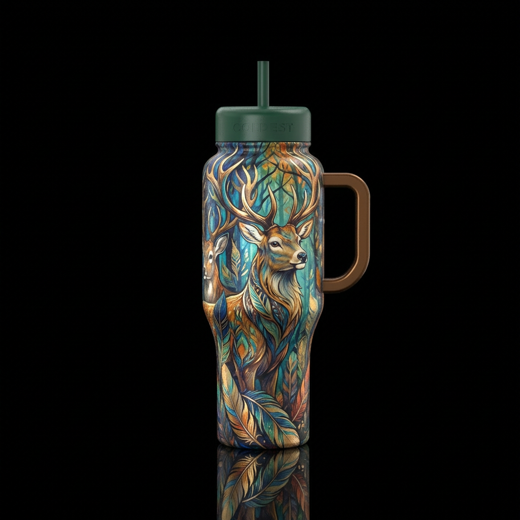 deer, feathers, artistic, woods, majestic water bottle design
