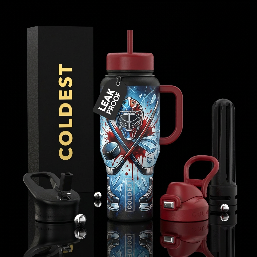 Hockey sticks, mask, ice, blood, puck, skates water bottle design