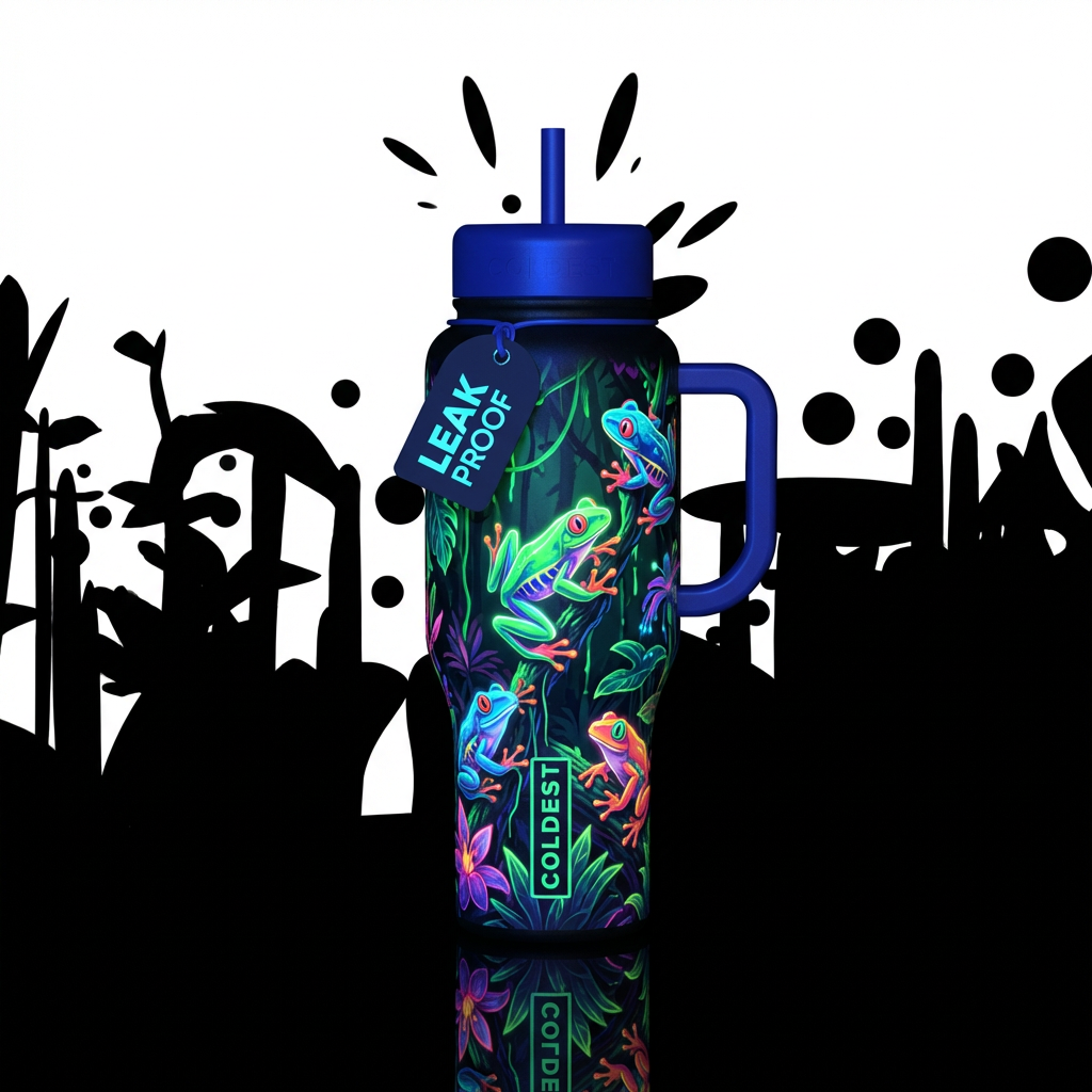 Tree frog, rain forest, neon water bottle design