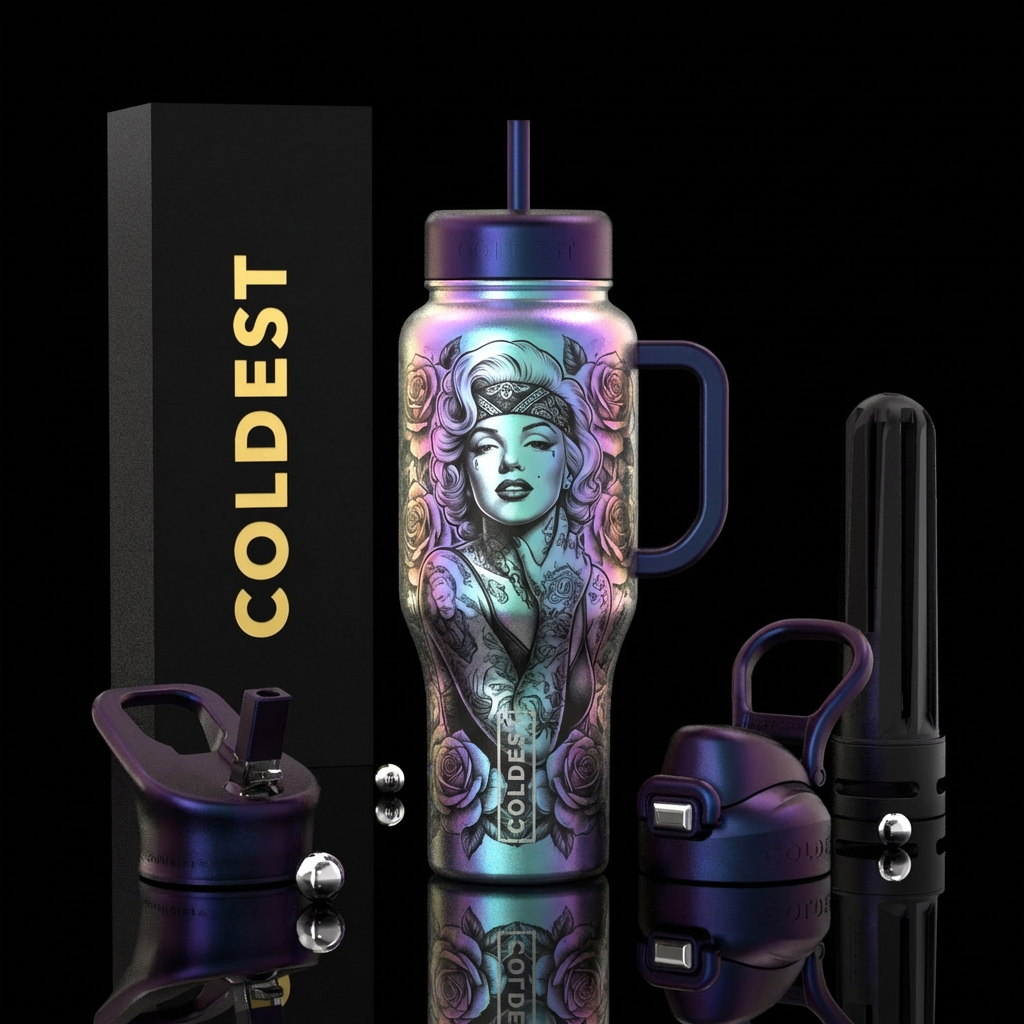 Marilyn Monroe with tattoos and a bandana, iridesc... water bottle design