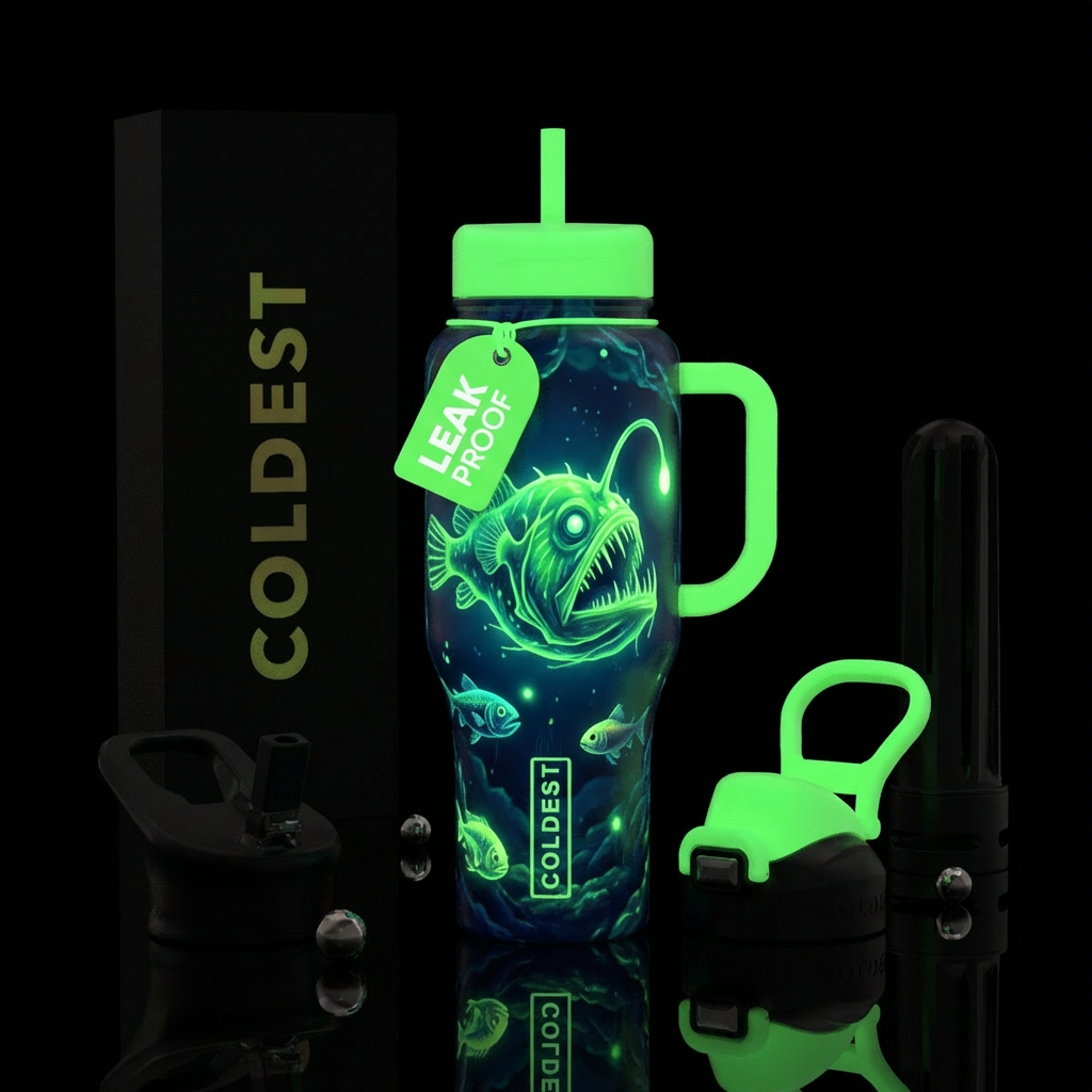 Lantern fish, neon green light water bottle design