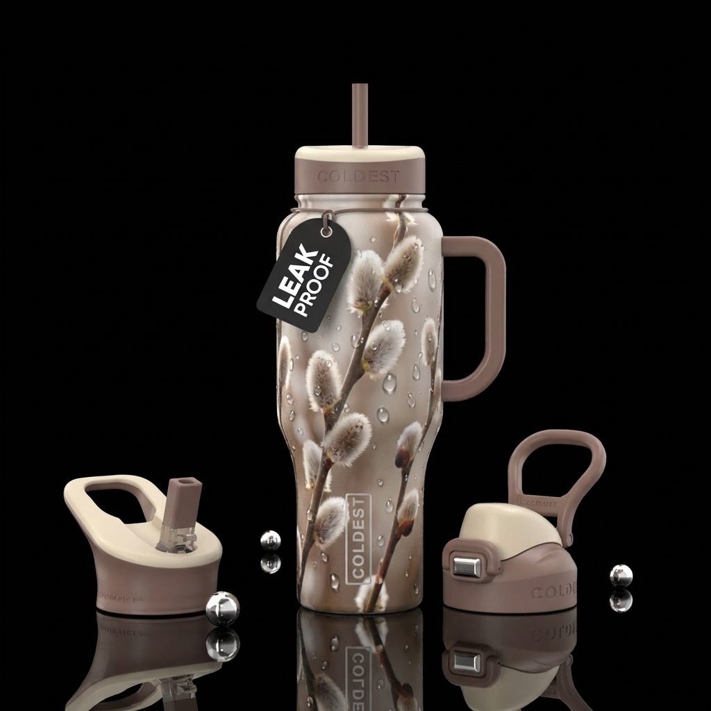 Pussy willows tree upclose with rain drops water bottle design
