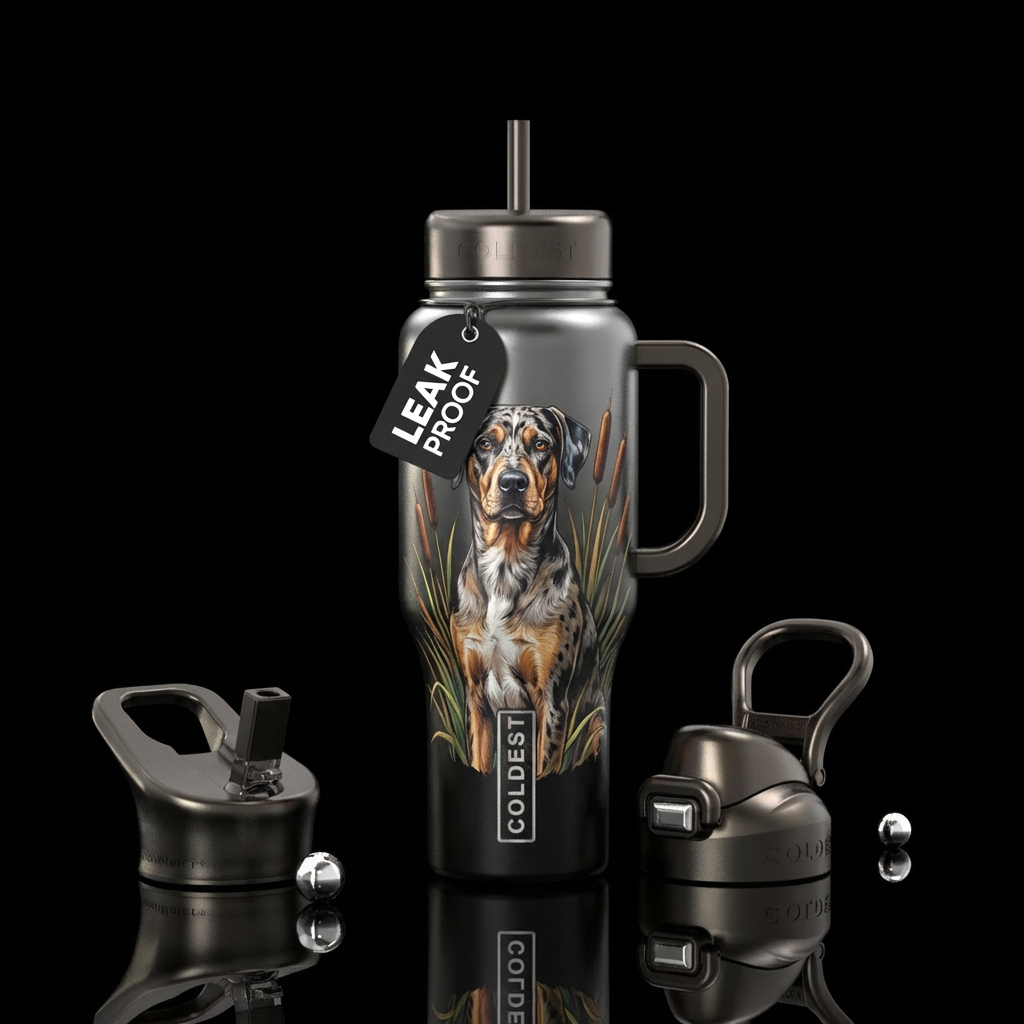 Catahoula leopard dog with cattails gun metal to b... water bottle design
