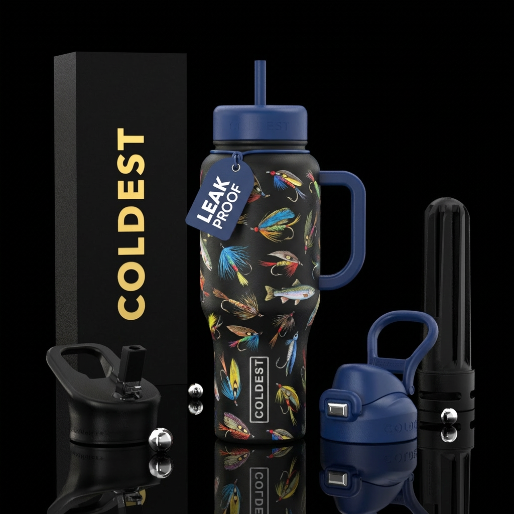 Assorted fly fishing baits water bottle design