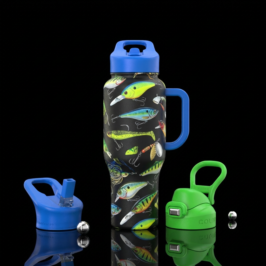 Assorted bass fishing lures water bottle design