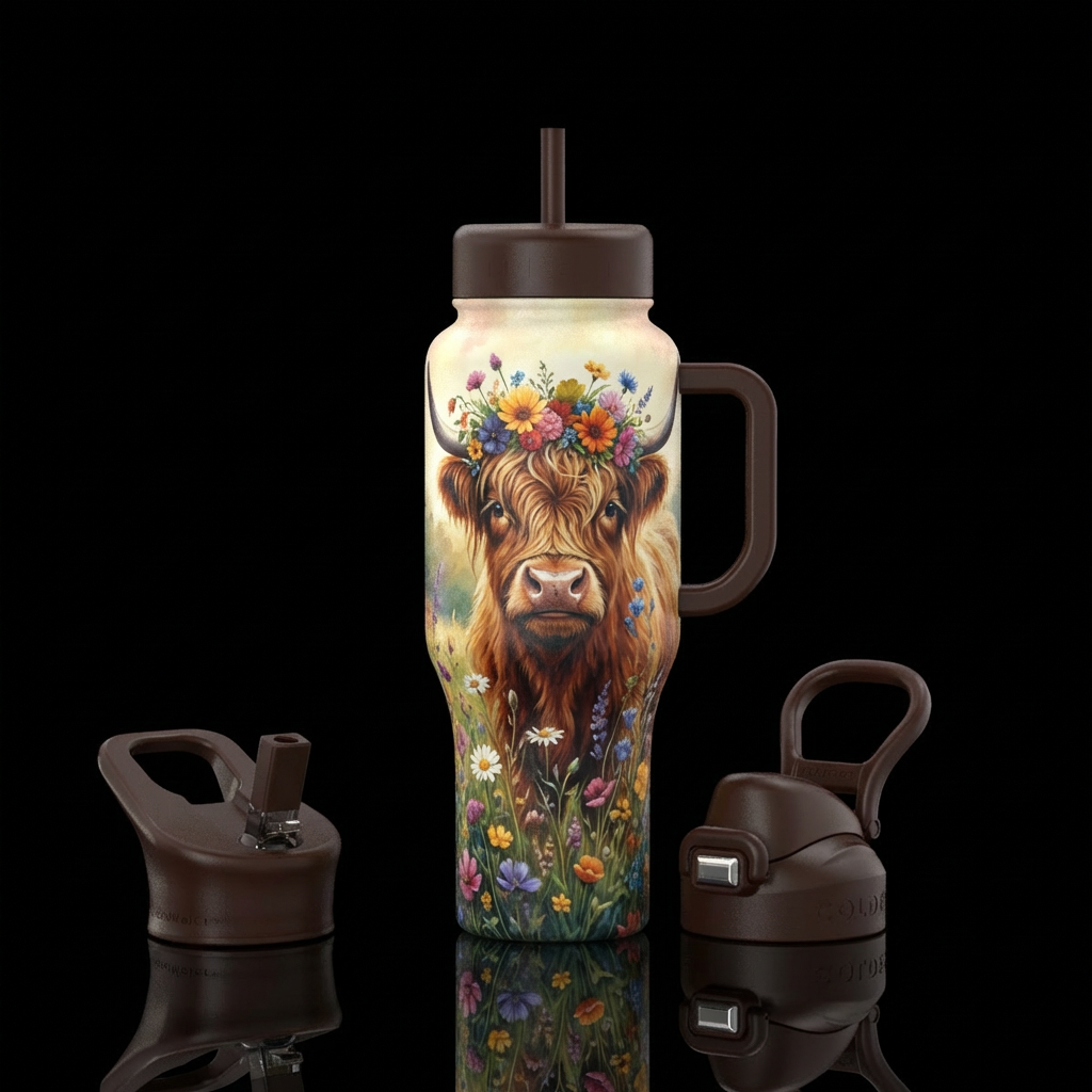highland cow with a flower crown in ... water bottle design
