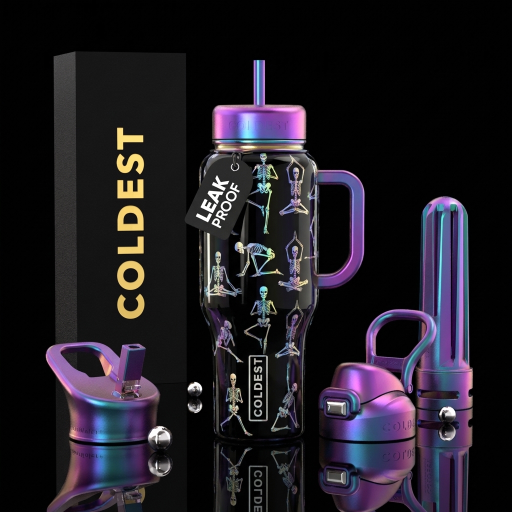 Iridescent Skeletons doing yoga black background water bottle design