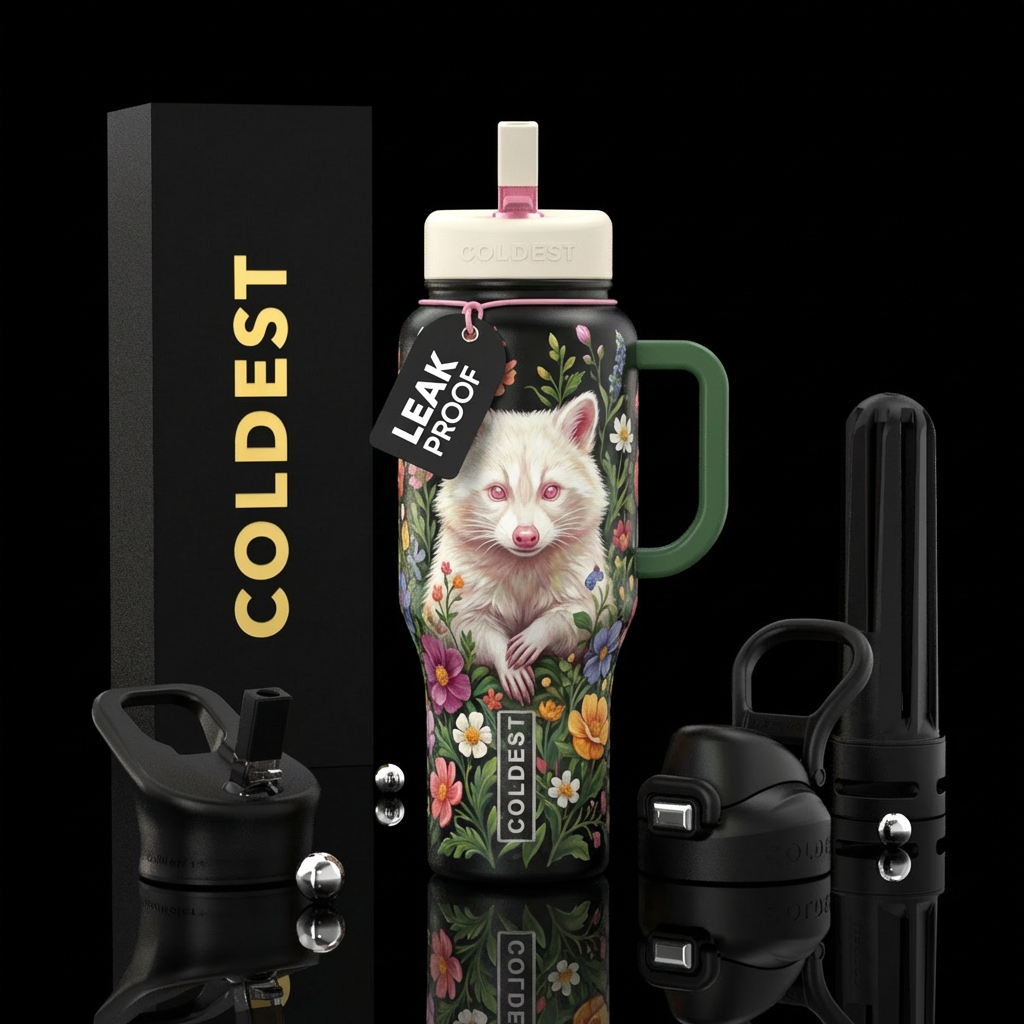 Albino raccoon in a flower patch water bottle design