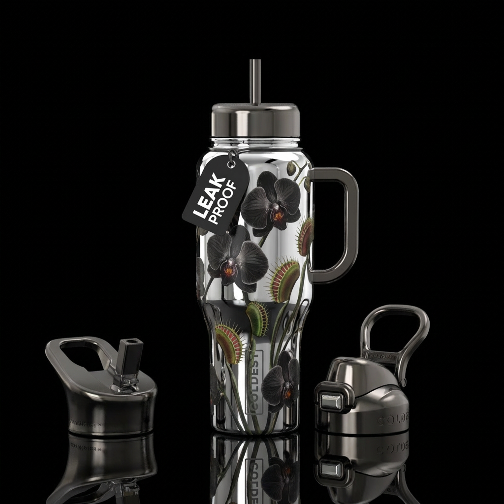 Black orchids with Venus fly traps with a chrome b... water bottle design