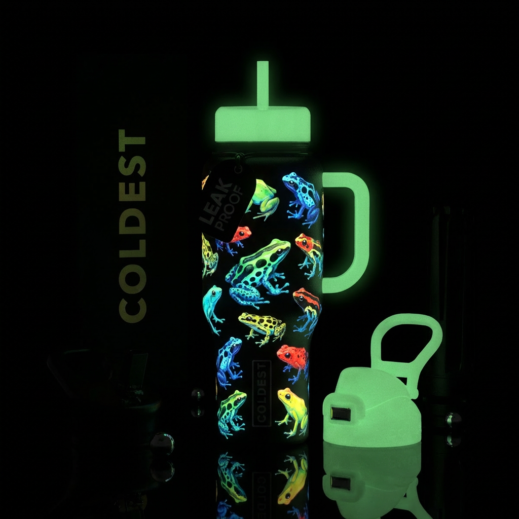 Glow in the dark assorted Dart frogs water bottle design