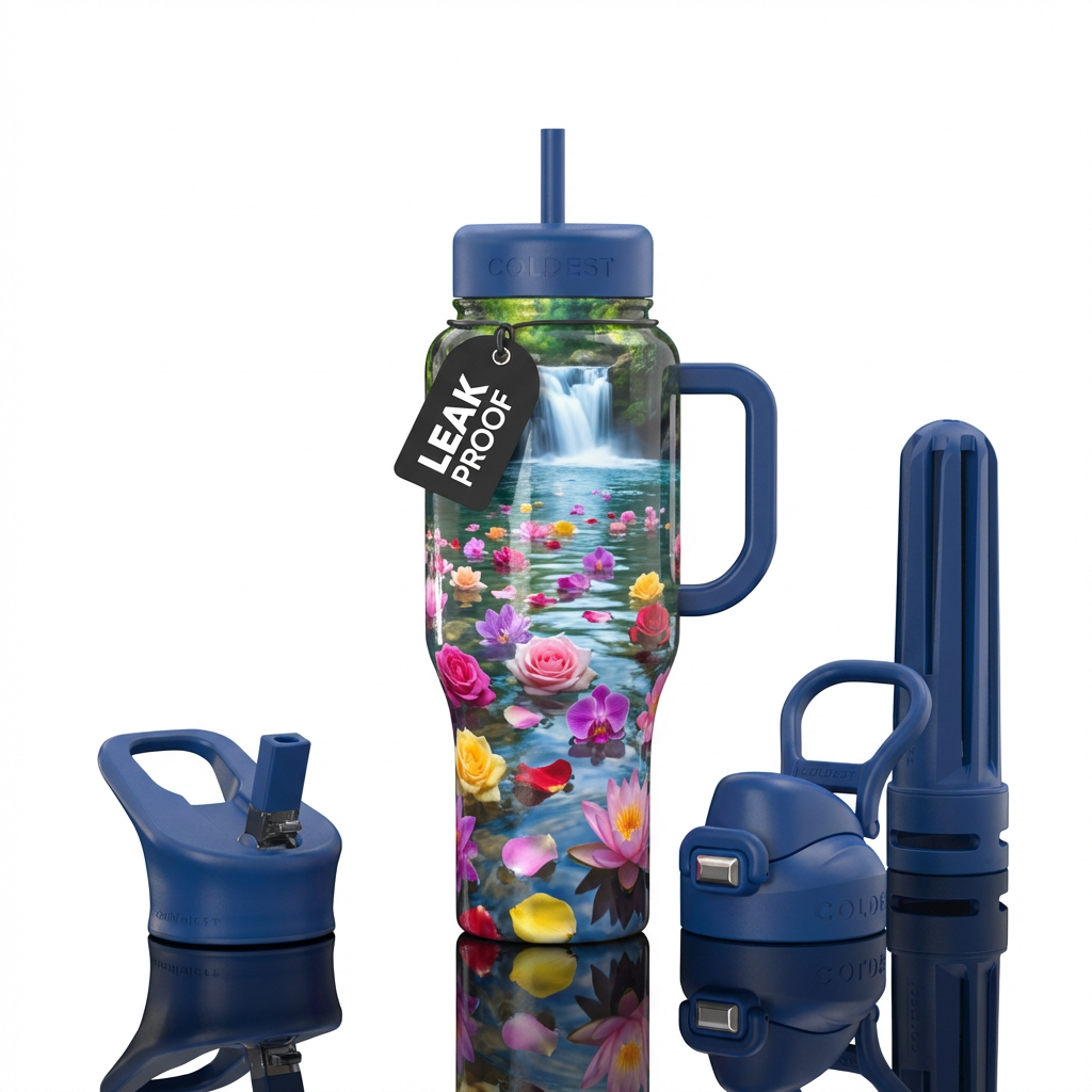 Realistic Flower petals floating down river with w... water bottle design