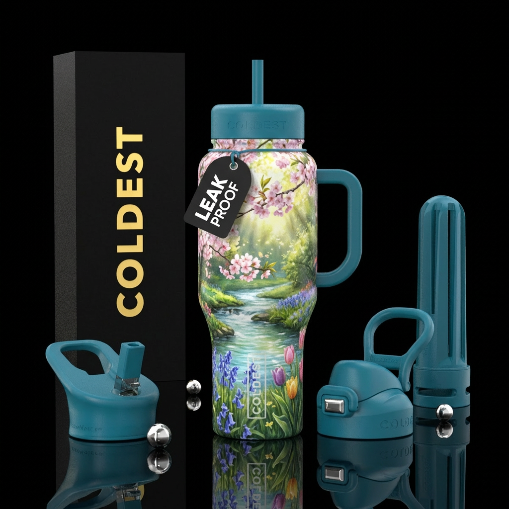 tranquil, spring bloom, gentle stream water bottle design