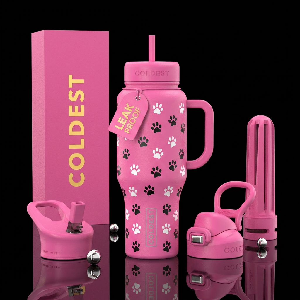 Pink bottle with white and black paw prints water bottle design