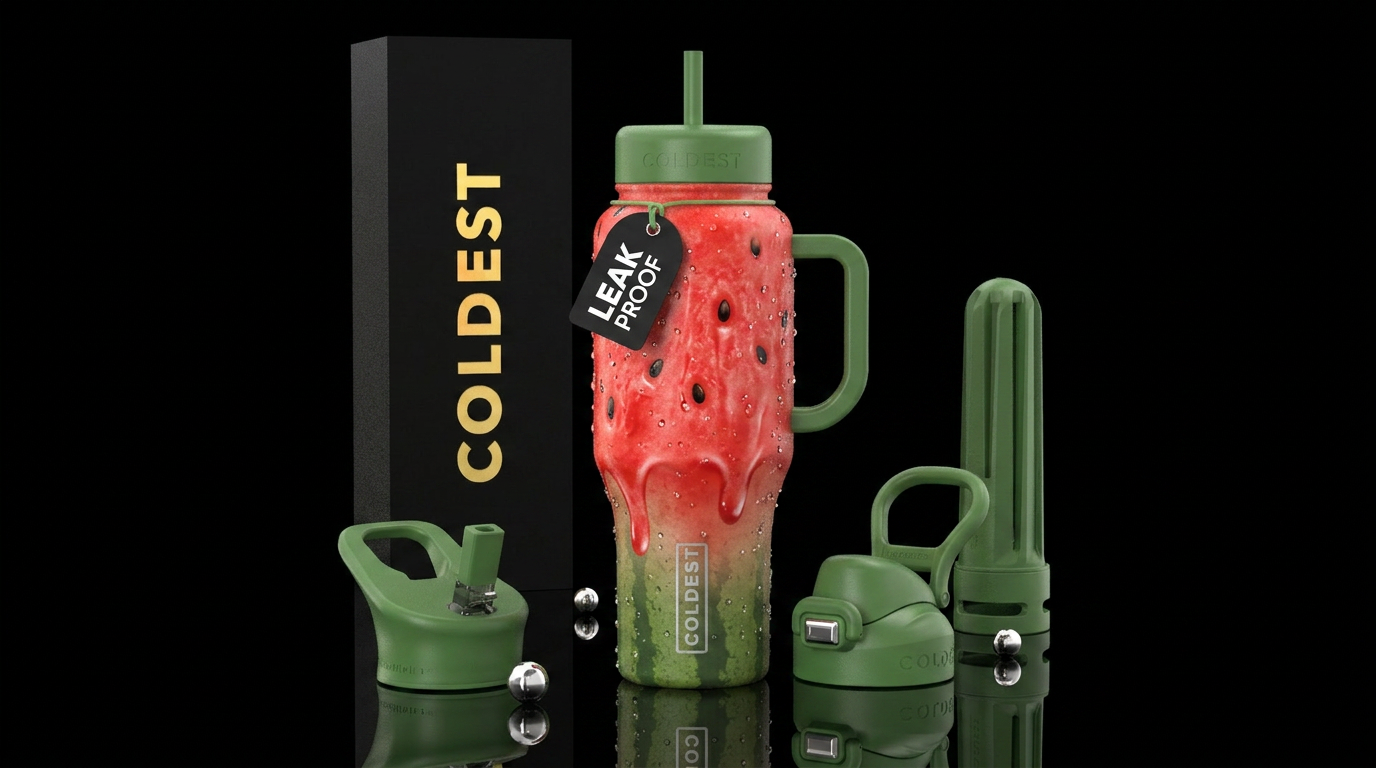 Watermelon with green handle and lid water bottle design