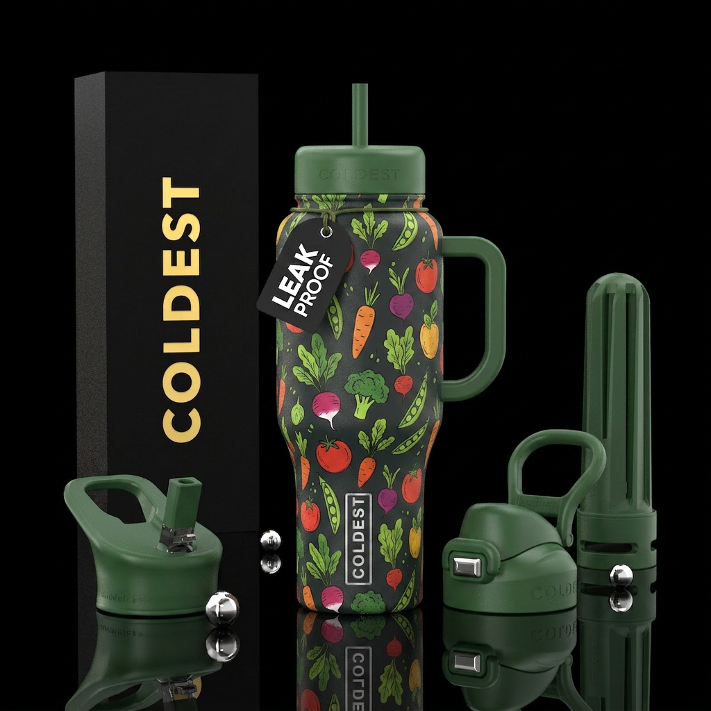 Cute Garden Veggies with Green handle and lid water bottle design