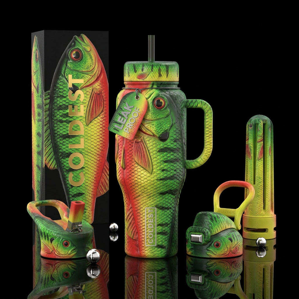 Green red and yellow fishing lure water bottle design