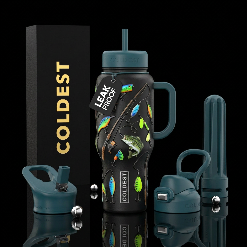 Fishing, fishing poles and lures, fish water bottle design