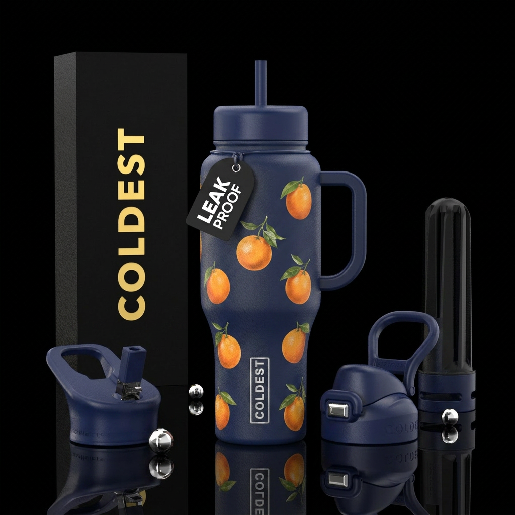 Oranges on a navy blue bottle water bottle design