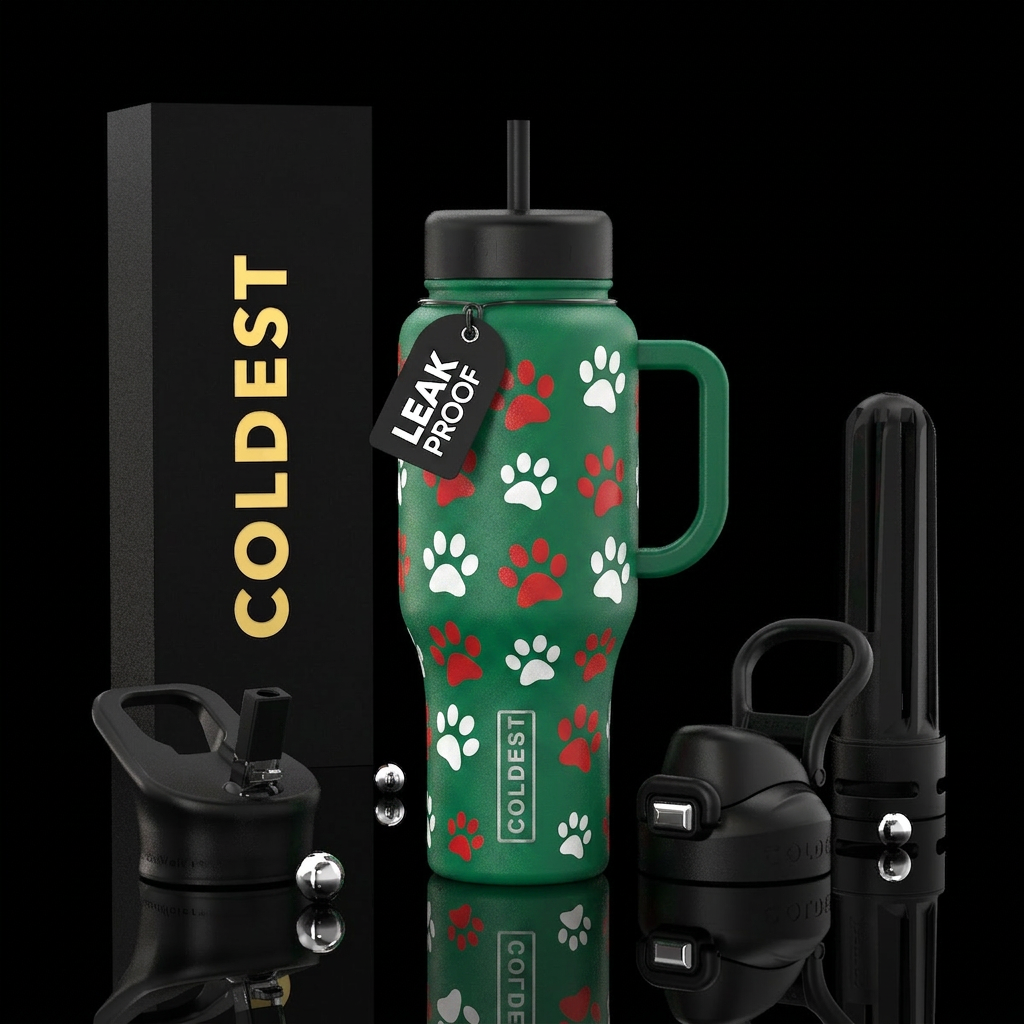 Red and white paws on a green bottle water bottle design