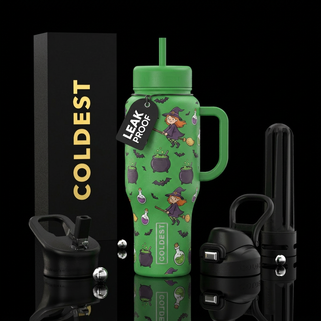 Cartoon Witches and Cauldrons on a green cup water bottle design