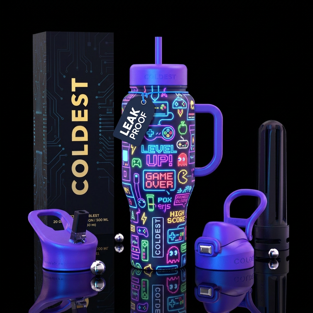 Neon video games water bottle design