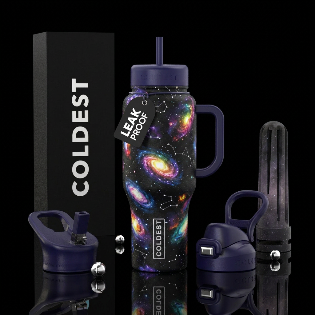 Black and rainbow galaxies water bottle design