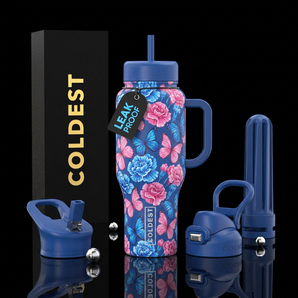Blue carnation pink butterfly water bottle design