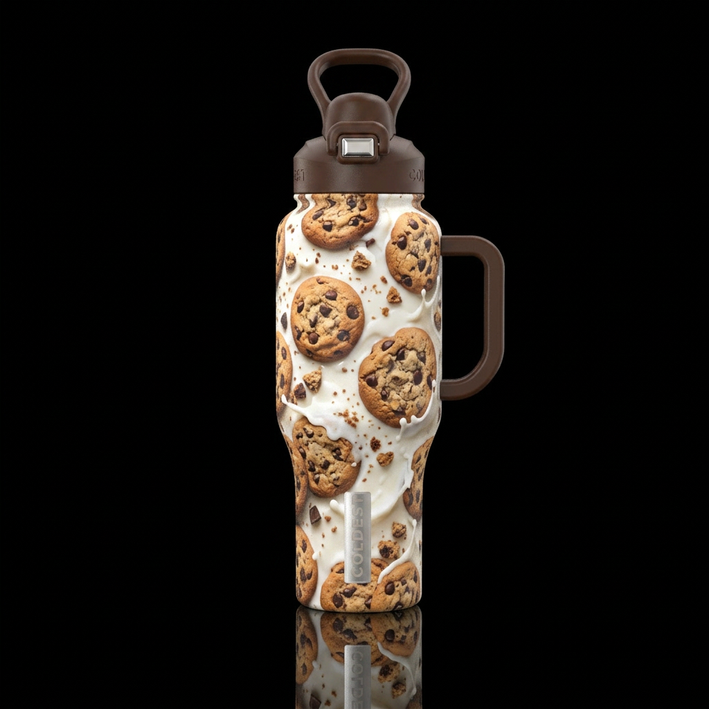Chocolate chip cookies and milk water bottle design
