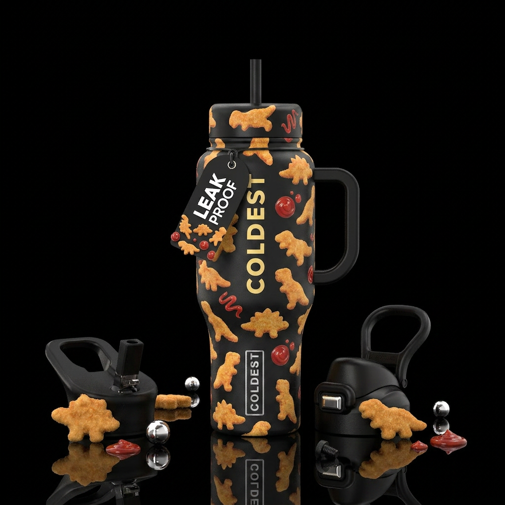 Dinosaur chicken nuggets and ketchup on a black cu... water bottle design