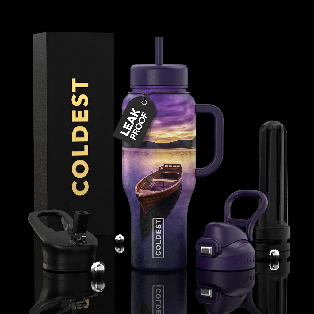 Wooden paddle boat on a lake with purple sunset water bottle design