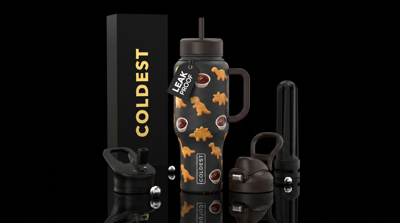 Dinosaur chicken nuggets and barbecue sauce on a b... water bottle design