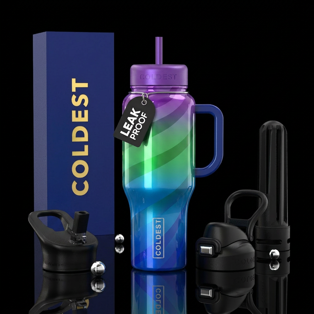 Blue green purple glossy ombré stripes water bottle design