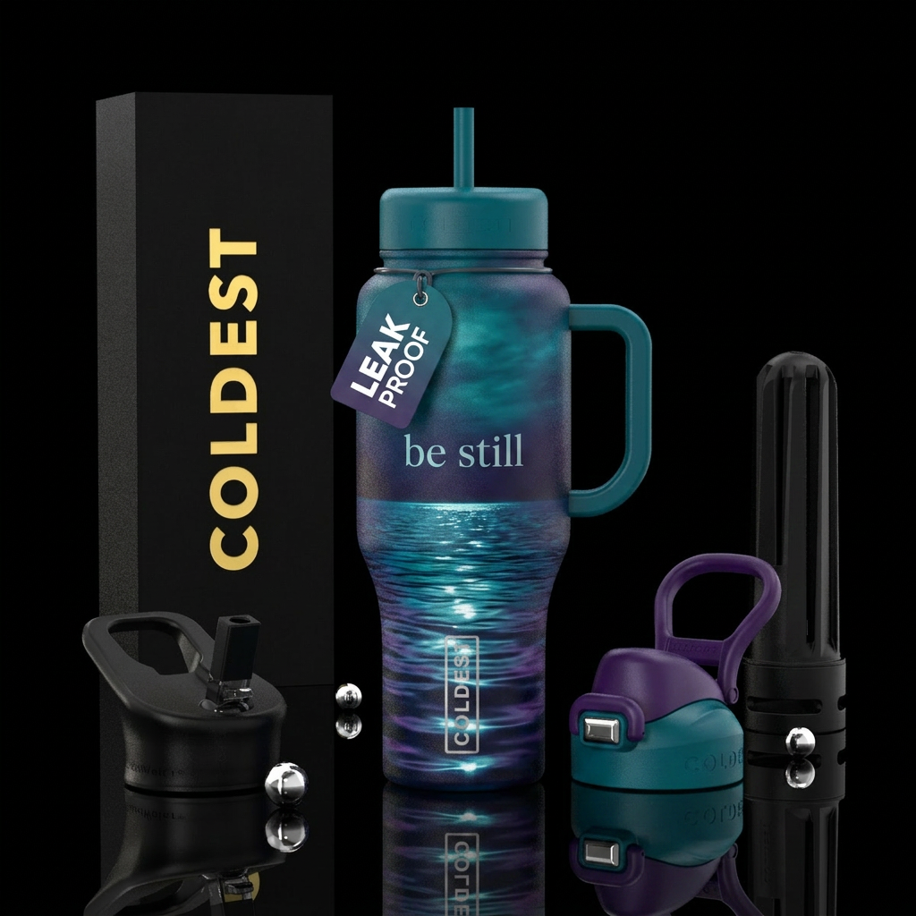 Lake moonlight reflections “be still” above it water bottle design