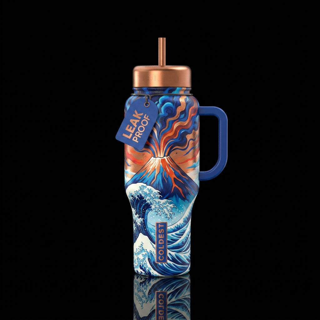 Mount Fuji volcano eruption tidal wave water bottle design